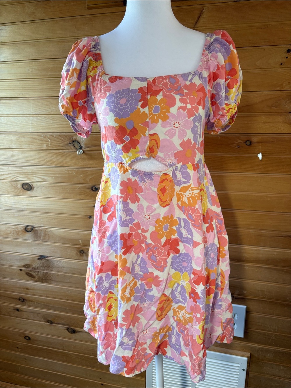 SO Floral Cutout Puff Sleeve Mini Dress in Pink, Orange, Yellow, Lavender